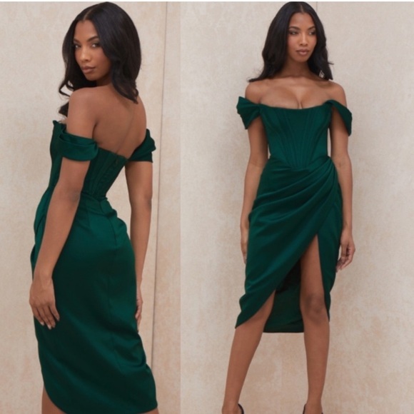 HOUSE OF CB ‘Loretta Emerald Green Off Shoulder Draped Corset Satin Dress NWOT L - Picture 3 of 12